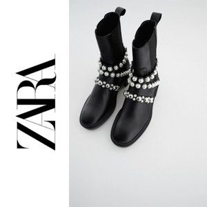 NWT ZARA Pearl Strap Leather Ankle Boots - 8